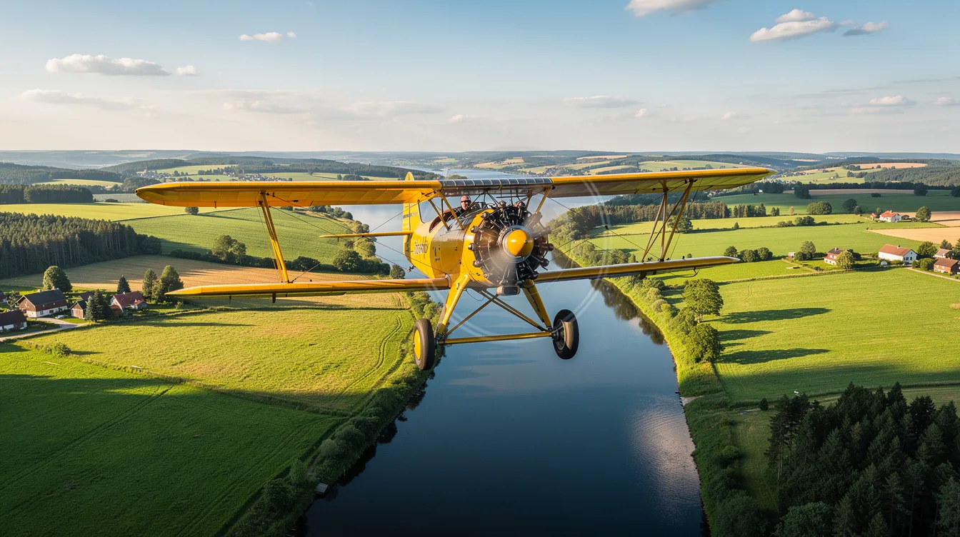 A classic yellow vintage biplane is flying low over a lush green countryside, with a serene river winding below. This unique aircraft, unlike typical light aircraft, showcases the charm of aviation history while offering a glimpse of the beautiful landscape.