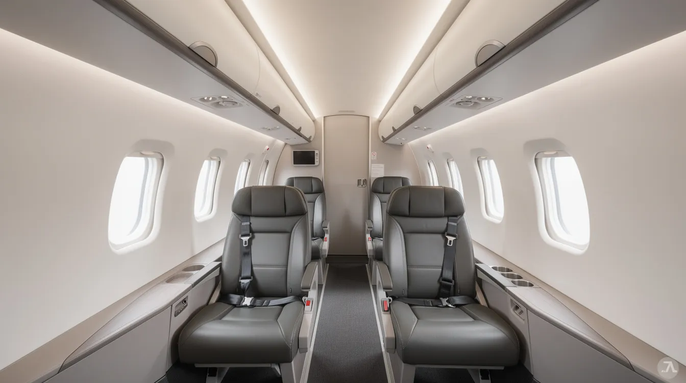 The image shows the interior of a two-by-two regional jet cabin featuring leather seats arranged in economy class, with overhead bins above. This modern cabin design provides a comfortable flight experience for passengers, with options for middle seats and extra legroom available.