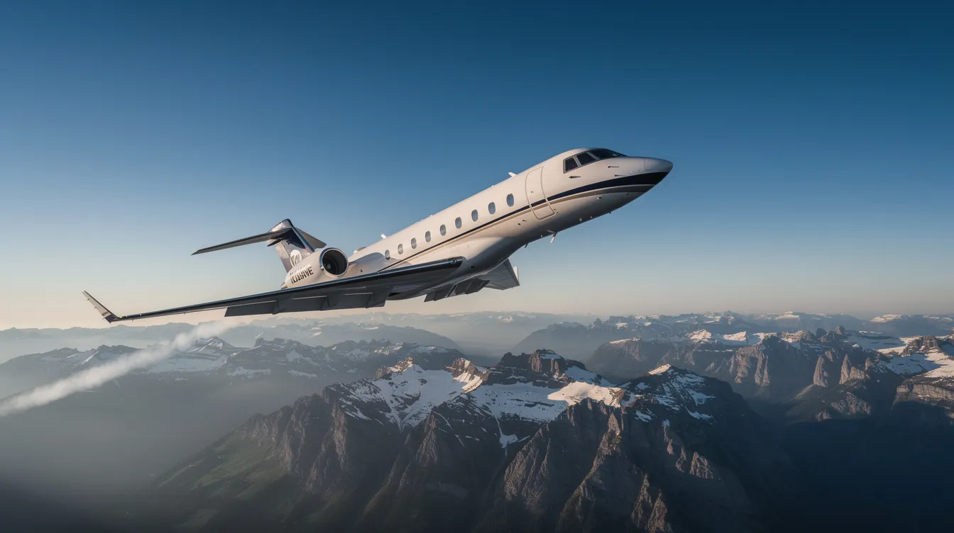 A sleek private jet is soaring through a clear blue sky, with majestic mountains visible below, showcasing the aircraft's impressive wingspan. This modern jet represents an elevated flight experience, ideal for travelers seeking comfort and luxury in the air.
