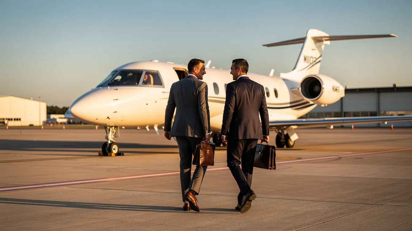 Two business partners are walking towards a light jet on a sunlit private airport tarmac, symbolizing their shared ownership arrangement. This scene highlights the benefits of aircraft co-ownership, where two or more parties can manage costs and responsibilities effectively while enjoying access to private aircraft.