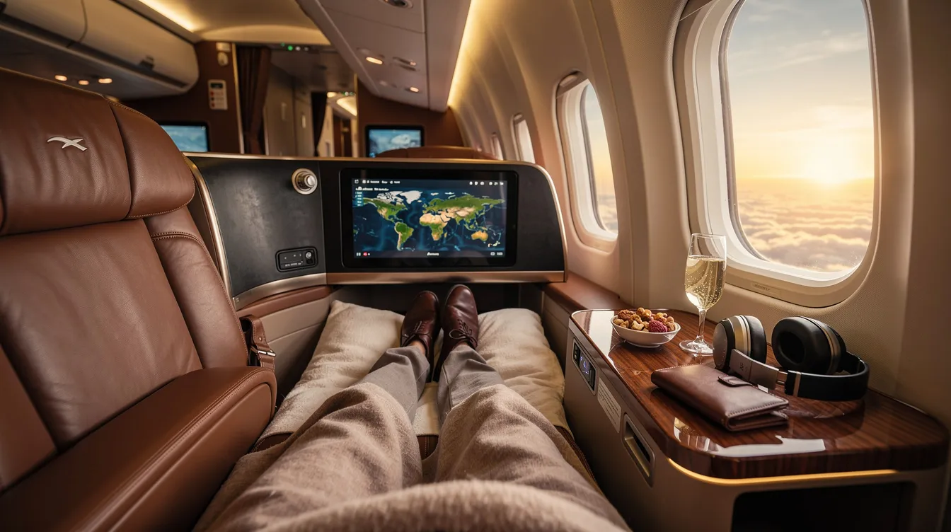 The image captures a luxurious first class cabin on a flight, featuring spacious lie flat seats with plush amenities, a personalized service from attentive flight attendants, and an elegant meal service setup. The ambiance reflects the premium experience of flying first class, with ample legroom and a welcoming atmosphere for elite status passengers.