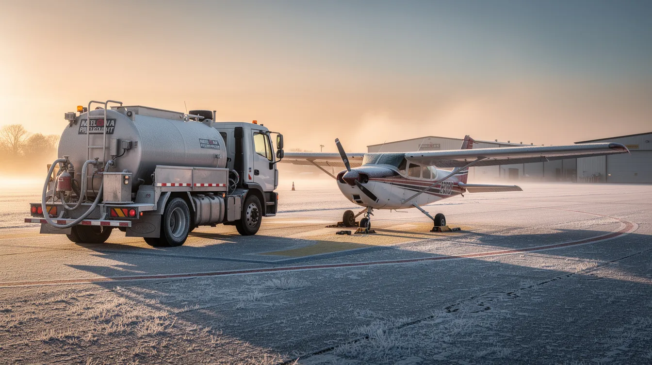A fuel truck, dyed blue and equipped for aviation fuel, is parked beside a small aircraft at a Fixed Base Operator (FBO) on a cold winter morning, with frost covering the ground. The scene highlights the importance of fuel density and weight in aviation operations, particularly for private pilots and their aircraft engines.