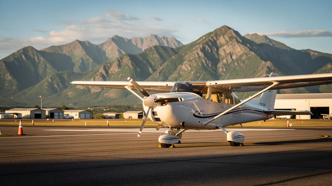 A light single-engine piston aircraft is parked on a sunlit runway at a small regional airport, with majestic mountains in the background. The scene captures the essence of aviation, showcasing the aircraft's sleek design and the importance of fuel, such as avgas 100LL, for safe flight operations.