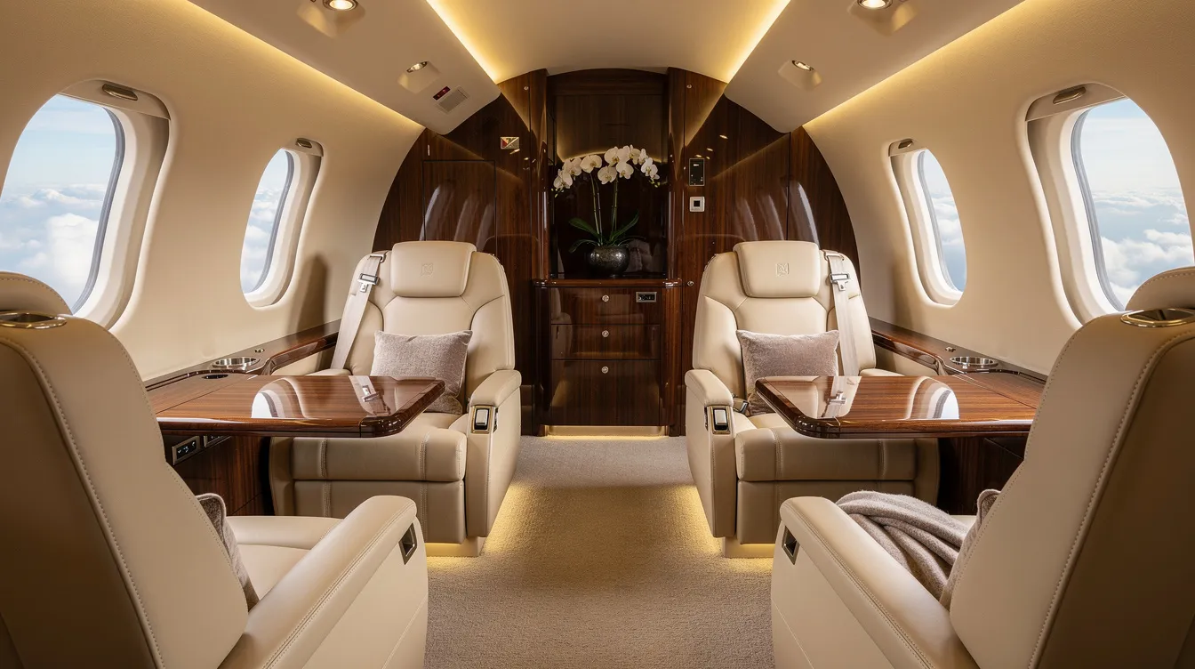 The image depicts the interior of a luxurious private jet cabin, showcasing cream leather seats arranged elegantly alongside polished wood finishes. Flight attendants typically ensure the comfort and safety of airline passengers in such opulent settings, providing routine services and addressing any relevant flight information throughout the journey.