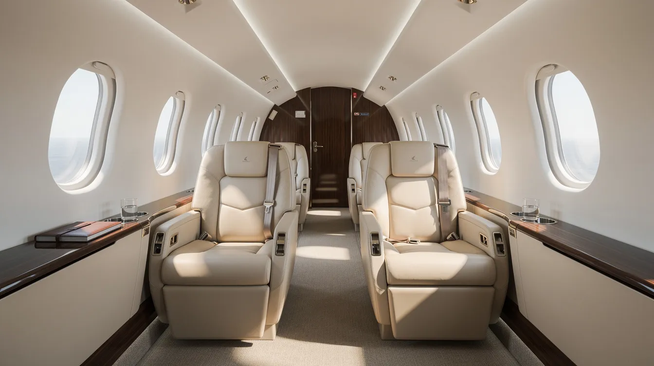 The image depicts the interior of a luxurious private jet cabin, featuring cream leather seats and ample natural light streaming through oval windows, creating an inviting atmosphere for passengers. This elegant space exemplifies the comfort and exclusivity of private jet travel, ideal for those seeking premier destinations and memorable adventures.