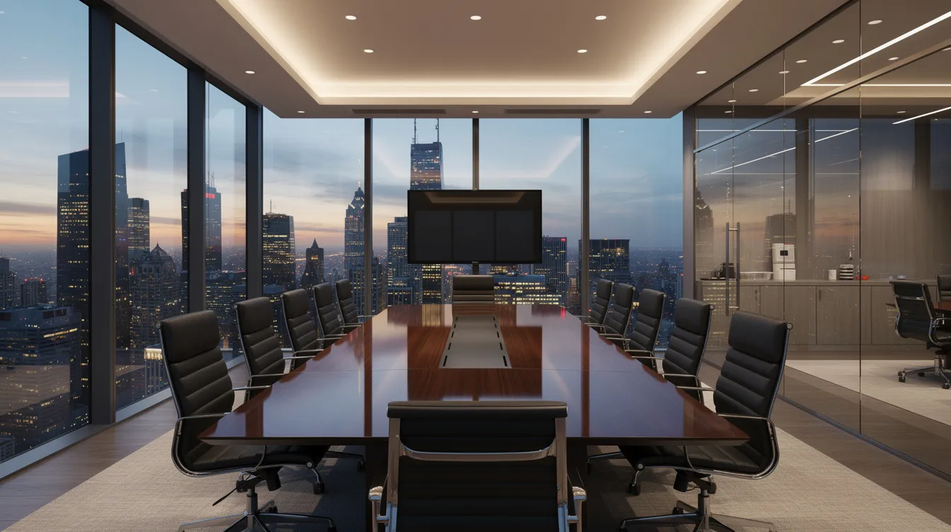 The image depicts a polished executive boardroom featuring sleek leather chairs and expansive panoramic views of a bustling city skyline, creating an atmosphere conducive to high-level decision-making and strategic discussions. This sophisticated setting suggests the exclusivity and luxury often associated with private jet travel and premier destinations.