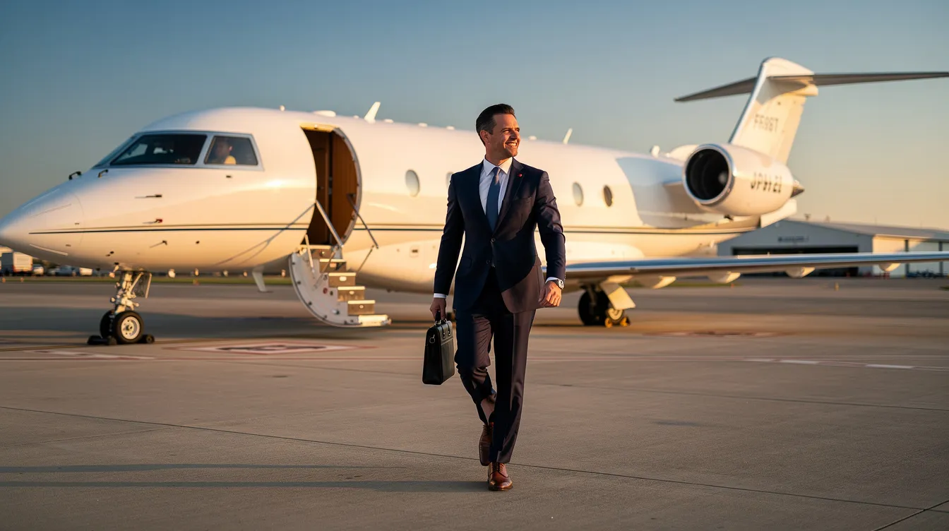 A business professional in a tailored suit walks confidently towards a sleek white private jet parked on a tarmac, symbolizing the allure of private aviation and the various costs associated with aircraft ownership, such as maintenance costs and insurance premiums. The scene captures the essence of luxury and the significant investment involved in owning a private aircraft.