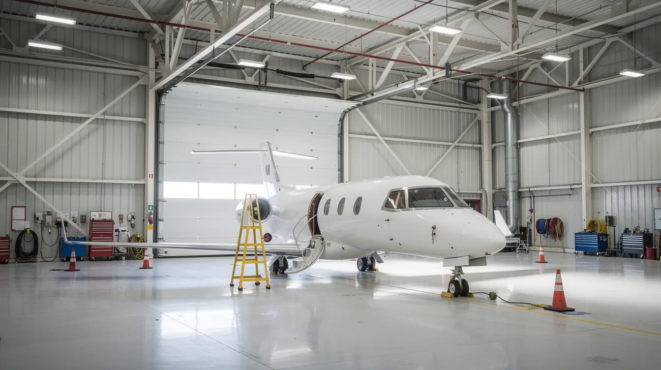The image shows the interior of a well-lit aircraft hangar featuring a small white jet alongside various maintenance equipment. This setting highlights the importance of understanding aircraft ownership costs, including maintenance and inspection costs, for aircraft owners.
