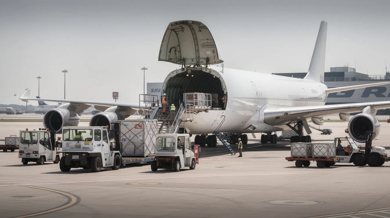 A large white Boeing 747 freighter is parked on the runway with its nose cargo door raised, allowing for easy loading of cargo containers. Ground vehicles are nearby, emphasizing the aircraft's impressive capacity for transporting heavy payloads.
