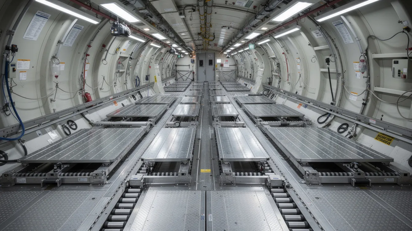 The image depicts the interior of a large cargo aircraft hold, featuring rows of metal pallets arranged on roller tracks along the floor, illuminated by industrial lighting overhead. This spacious area is designed for the efficient loading and transportation of cargo, showcasing the wide fuselage and capabilities of a freighter like the Boeing 747.