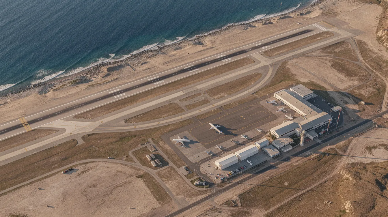 An aerial view of a coastal airport showcases runways and taxiways, with a small private aviation terminal located on the north side, highlighting the efficient services available for private aviation at San Francisco International Airport (SFO). The terminal offers amenities such as crew cars, quiet rooms, and fully equipped conference rooms for travelers.