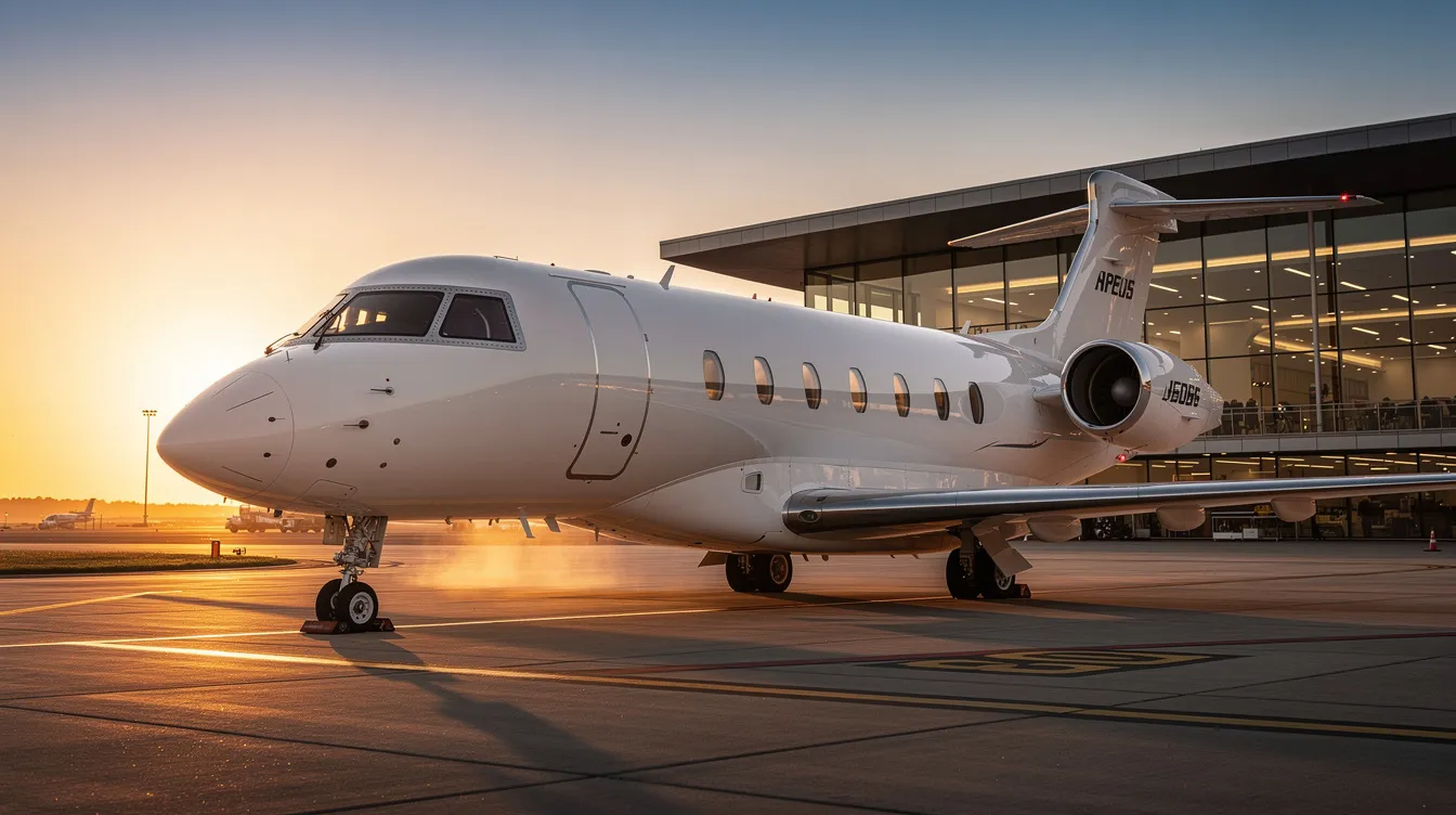 A sleek private business jet is parked on the airport ramp at sunset, with a modern terminal building in the background, showcasing the efficient services of Signature Flight Support at San Francisco International Airport. The warm glow of the sunset enhances the scene, highlighting the luxury of private aviation in San Francisco, CA.