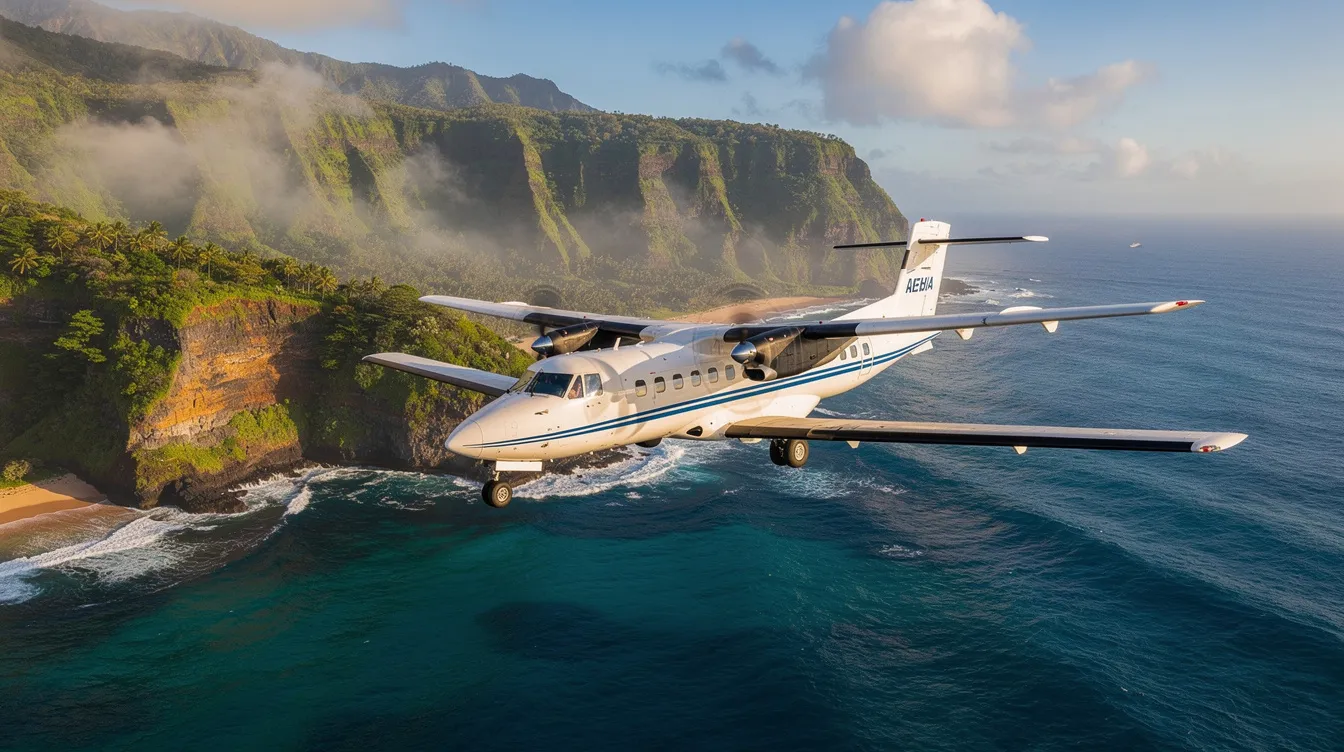 A small regional commuter aircraft is soaring above a lush green Hawaiian coastline, with the vibrant blue ocean shimmering below. This scene captures the essence of air mobility and private aviation, showcasing the beauty of travel over stunning landscapes.