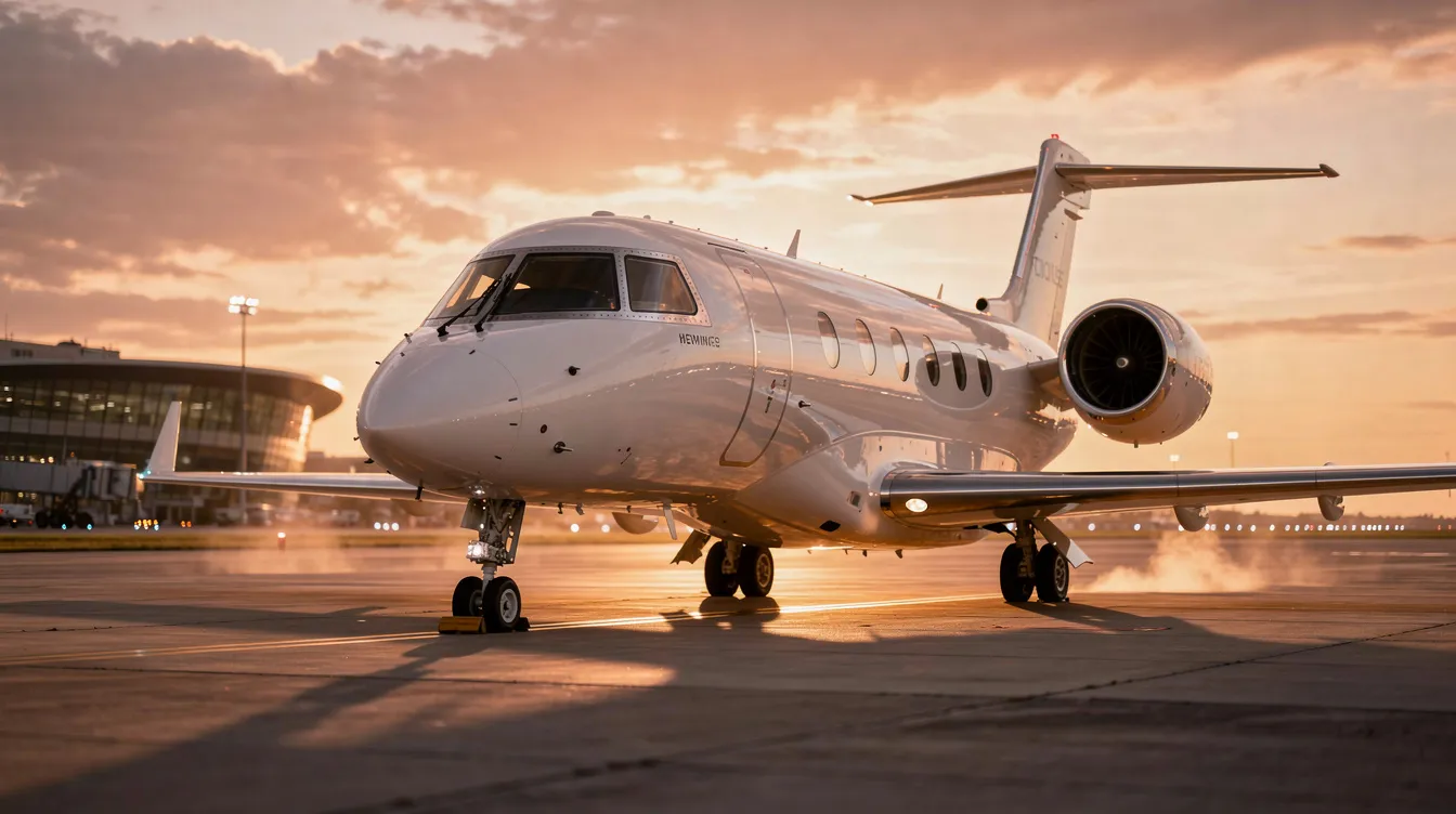 The image depicts a luxury private jet parked on a tarmac at sunset, bathed in warm, golden lighting that highlights its sleek design. This scene captures the essence of private aviation, showcasing the elegance and sophistication associated with air mobility.