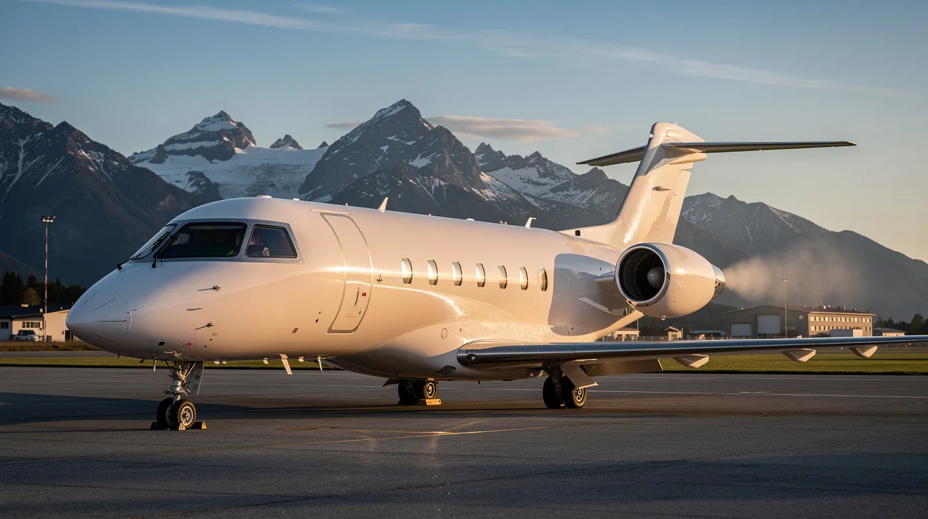 A sleek private jet is parked on a tarmac, with stunning snow-capped mountains towering in the background, showcasing the luxury and exclusivity of first class travel. The scene evokes a sense of adventure and comfort, ideal for those seeking premium experiences in business class flights.