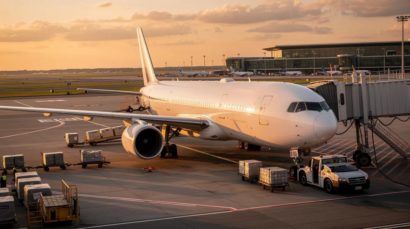 A wide-body commercial airplane is parked at an international airport gate, bathed in the warm light of golden hour. The scene captures the anticipation of travelers preparing for their journey, with a focus on first class and business class offerings that promise a premium flying experience.