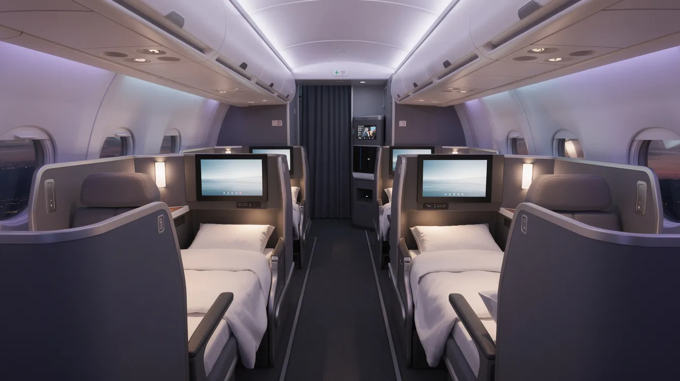 The image depicts the interior of a modern business class cabin featuring lie flat seats and ambient mood lighting, designed to provide business class passengers with a luxurious in-flight experience. The spacious seating arrangement offers privacy and comfort, ideal for long haul flights.