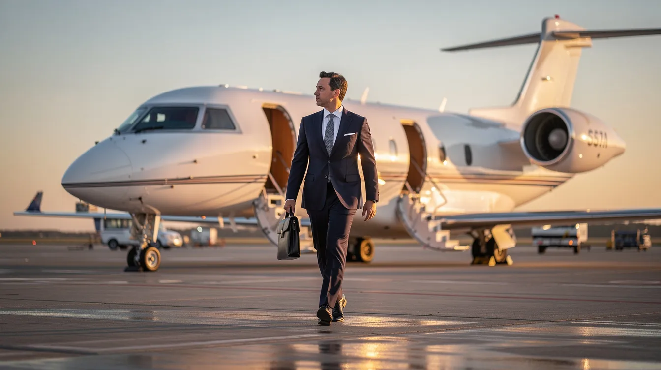 An executive strides confidently across a private airport tarmac, heading towards a sleek business jet, symbolizing the luxury of flying business class. The scene captures the essence of international travel, where business travelers enjoy premium amenities and attentive service.