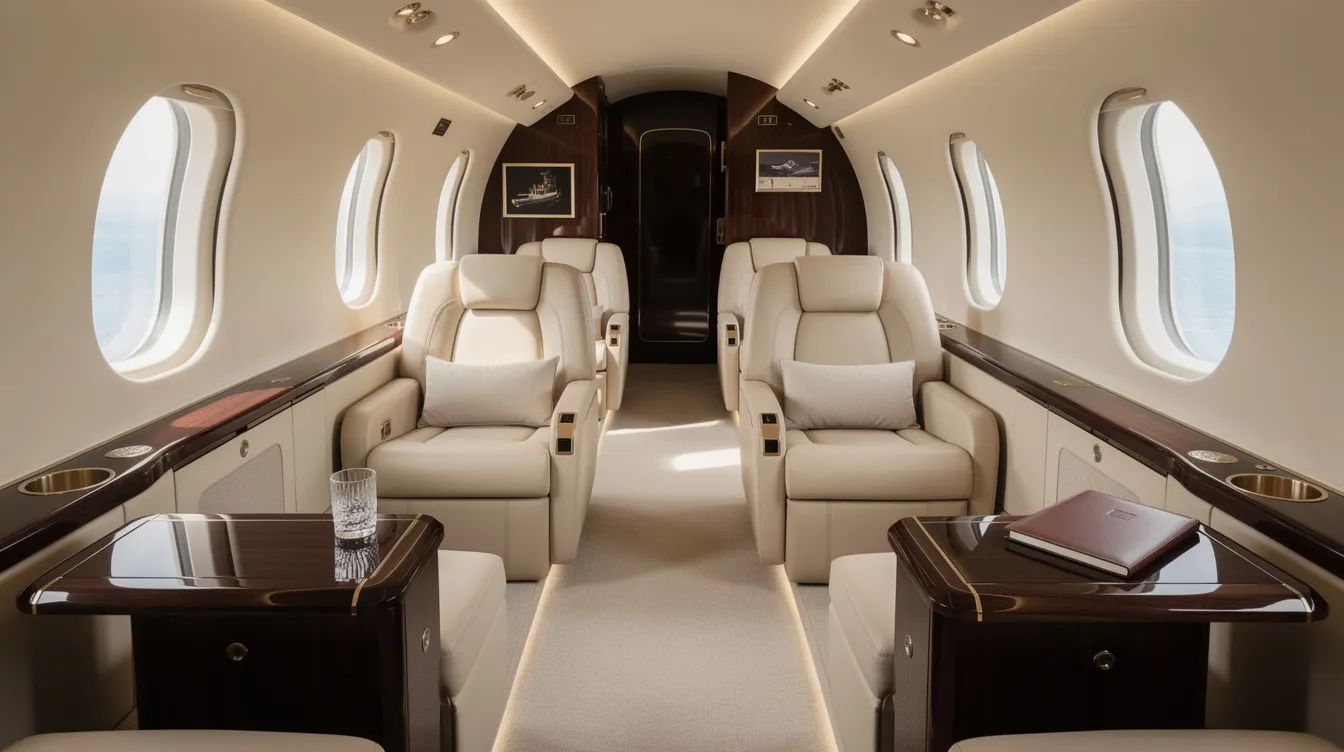 The image depicts an elegant private jet interior featuring cream leather club seats, polished wood accents, and large oval windows, providing a luxurious environment reminiscent of business class cabins. This sophisticated setting is designed for business travelers seeking comfort and style during their flights.