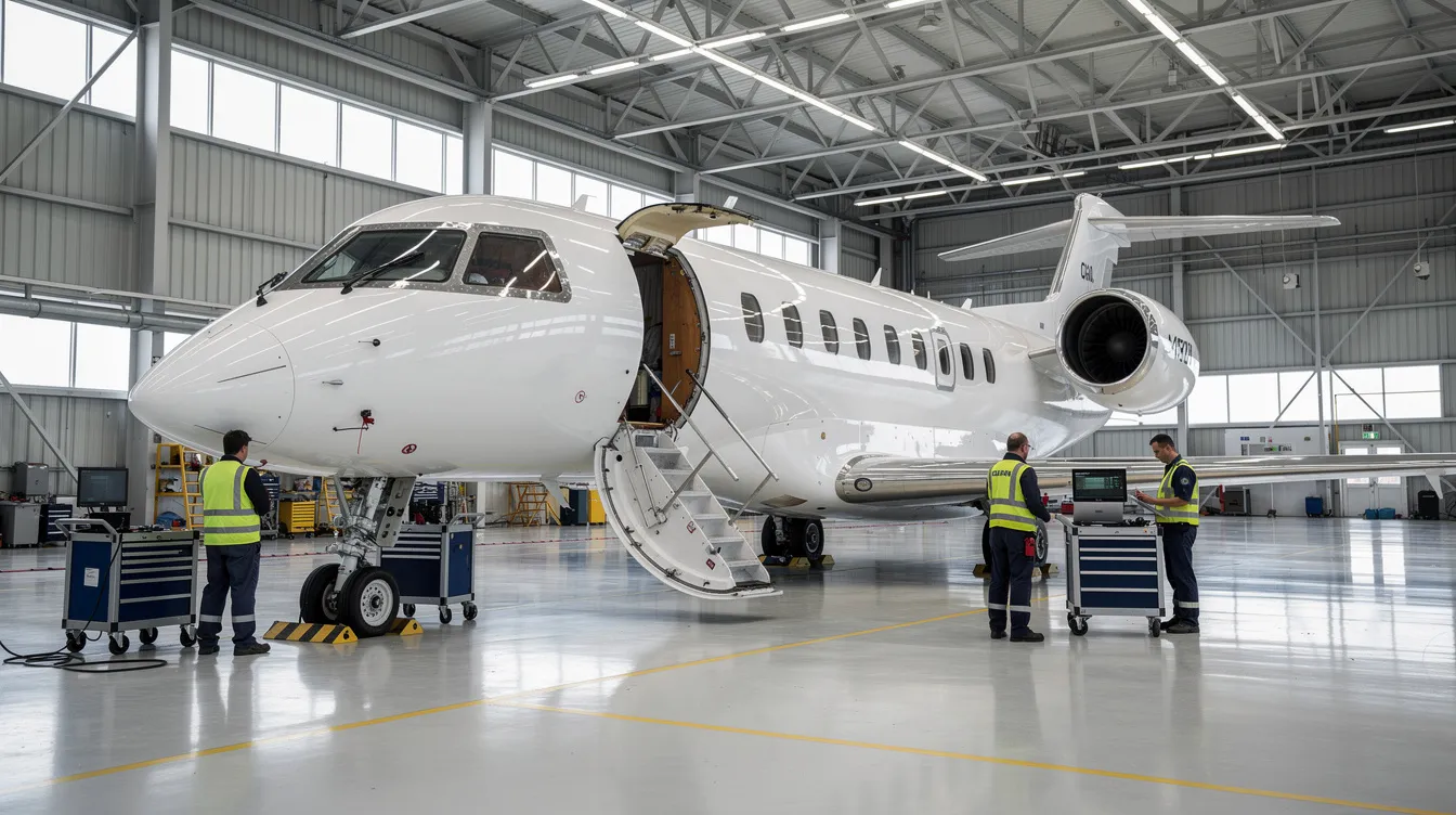 The image shows a sleek private jet parked inside a well-lit maintenance hangar, where technicians are actively working on the aircraft. This scene highlights the importance of aircraft maintenance and management services provided by aircraft management companies to ensure safe flight operations.