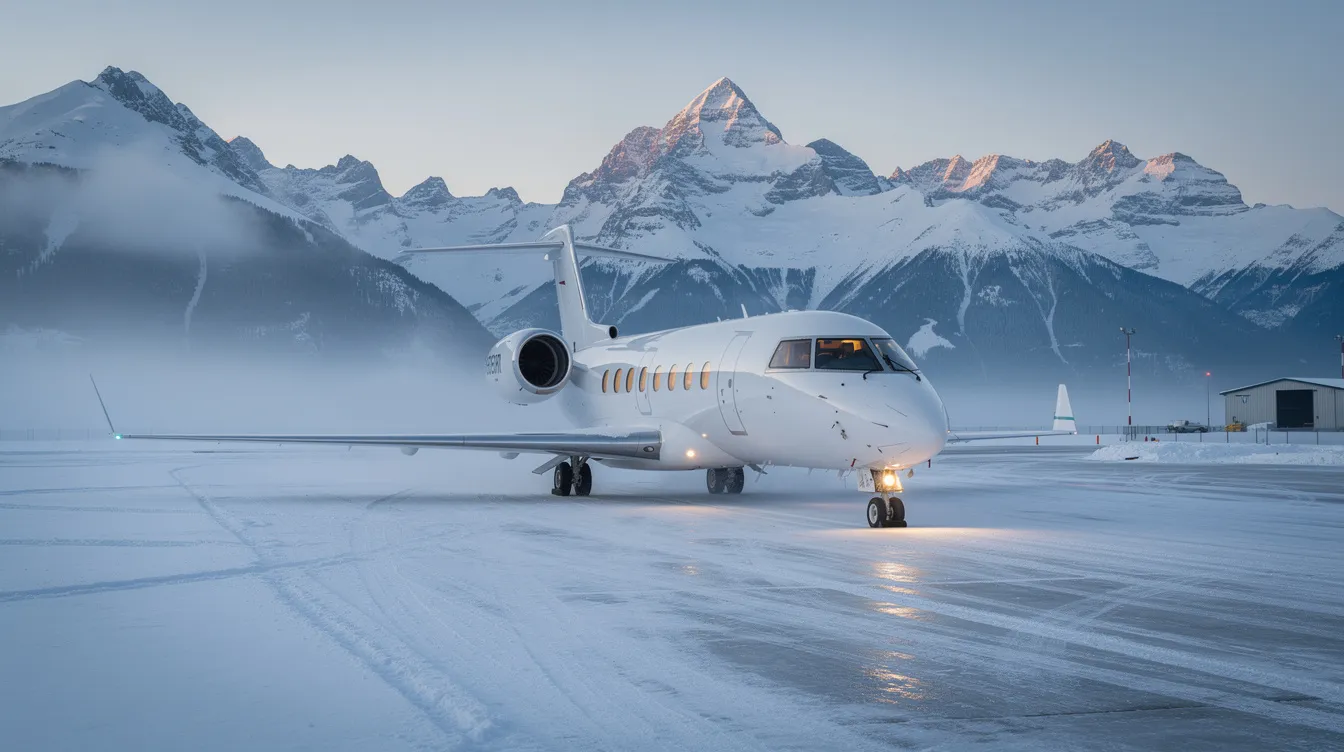A private jet is parked on a snowy tarmac, with majestic mountains in the background, creating a serene winter scene. This image reflects the luxurious aspect of aircraft management services in a picturesque setting.