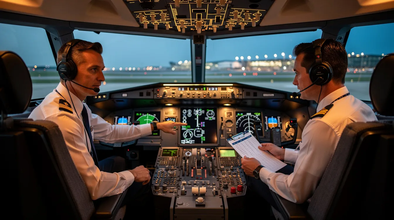Two pilots are seated in a modern cockpit, intently reviewing flight instruments and checklists as part of their flight operations before takeoff, ensuring compliance with FAA regulations and operational control. The atmosphere reflects professionalism and focus, essential for effective aircraft management services.