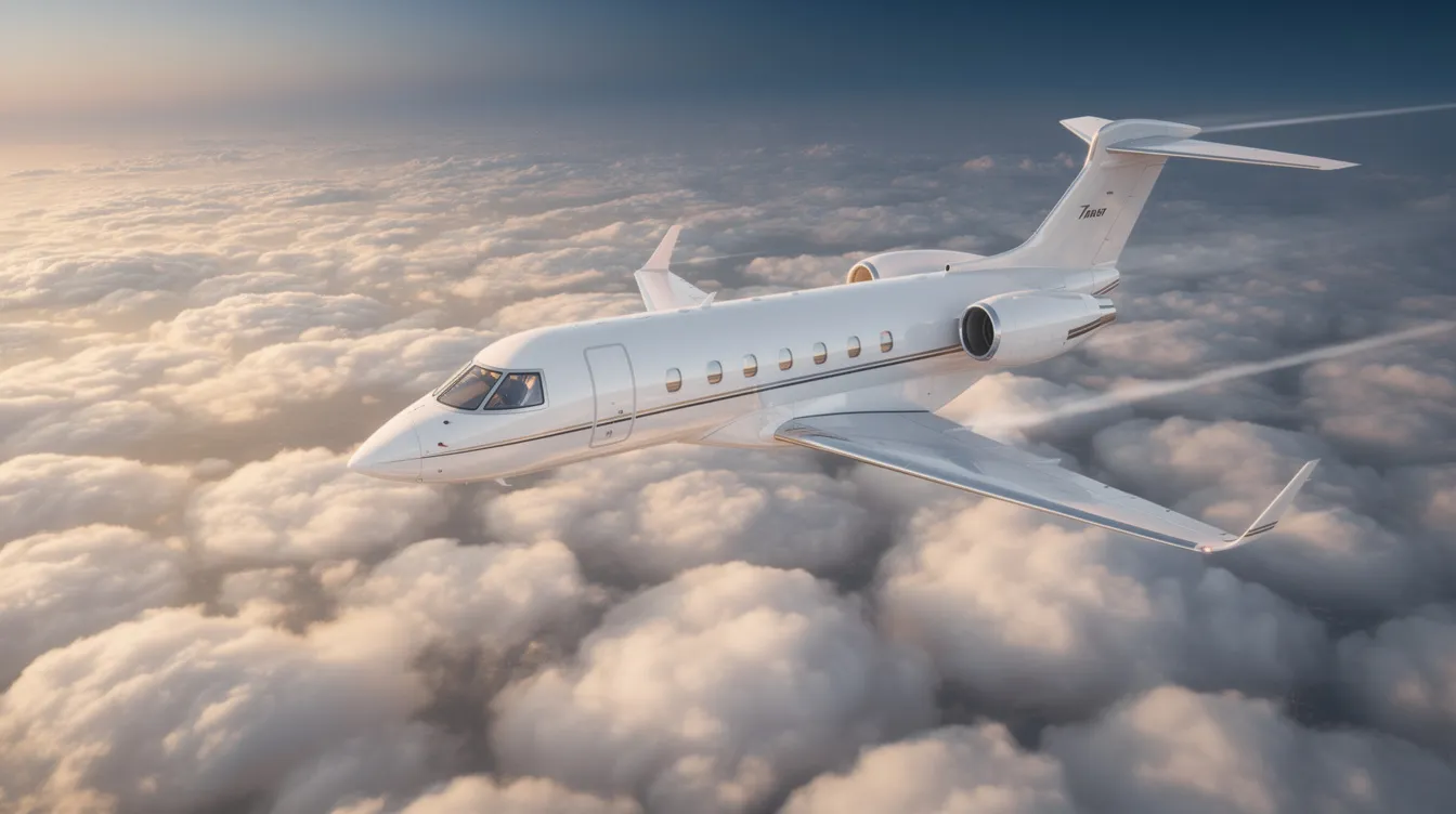 An aerial view captures a sleek white private jet soaring above a thick layer of clouds, with sunlight glinting off its fuselage, symbolizing the luxury and exclusivity of private air travel. This image reflects the integrity and professionalism associated with high-end services, much like the largest wholesale brokerage operations in the insurance industry that cater to unique client needs.