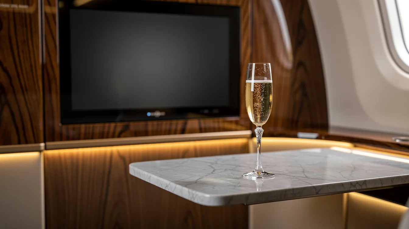 A close-up view of a luxurious United Polaris studio suite featuring a large entertainment screen, elegant wood-grain finishes, and a champagne glass resting on a quartzite table, highlighting the premium experience offered in United Airlines' business class cabin. The suite showcases enhanced amenities and a warm, inviting atmosphere for travelers.