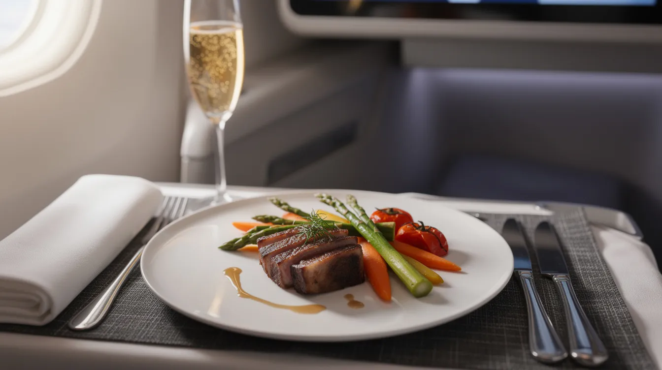 An elegantly plated airline meal featuring garnished protein and colorful vegetables is displayed on a premium tray table, alongside a glass of champagne, highlighting the luxurious experience of United Polaris business class. The meal exemplifies the elevated dining options available to passengers in the United Airlines business class cabin.