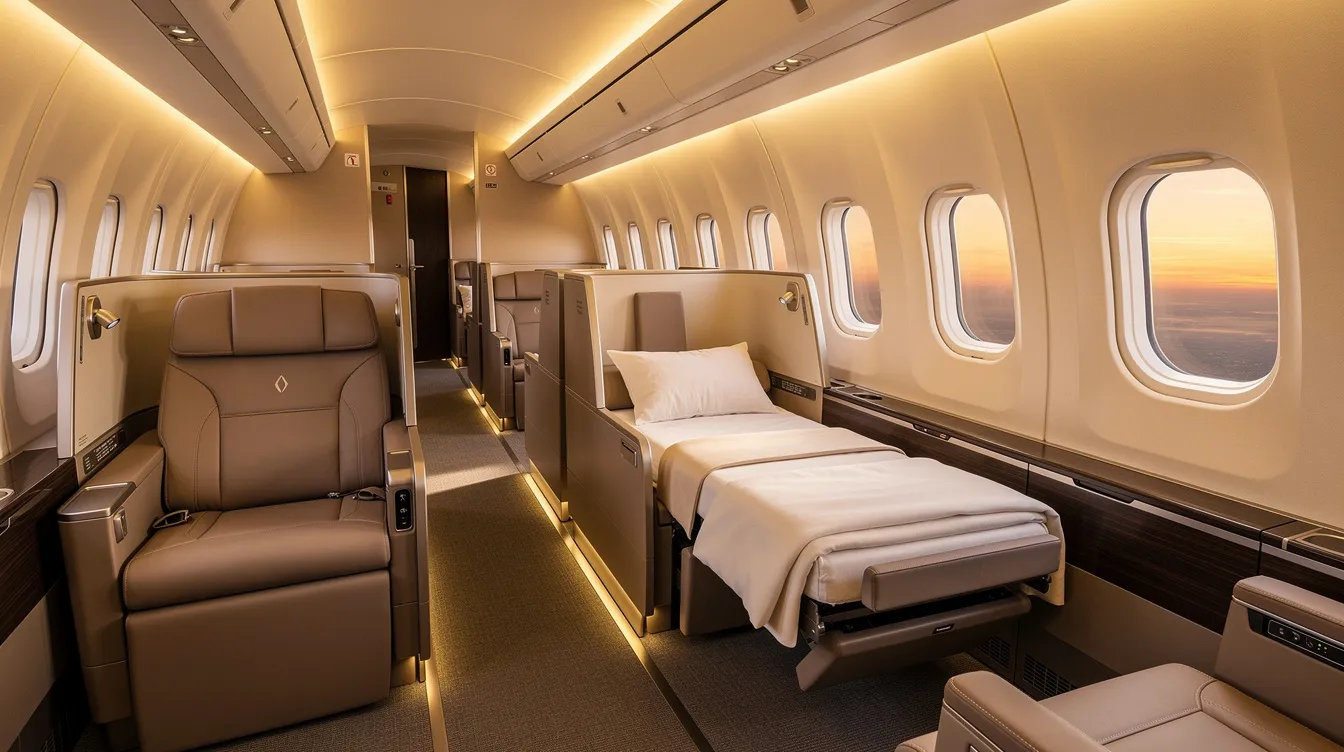 The image depicts the interior of a modern United Airlines business class cabin, showcasing the United Polaris Studio suites with warm ambient lighting and lie-flat seats arranged in a staggered configuration for enhanced privacy. Each suite features sliding doors, built-in reading lights, and ample space, providing a premium experience for passengers on long-haul flights.