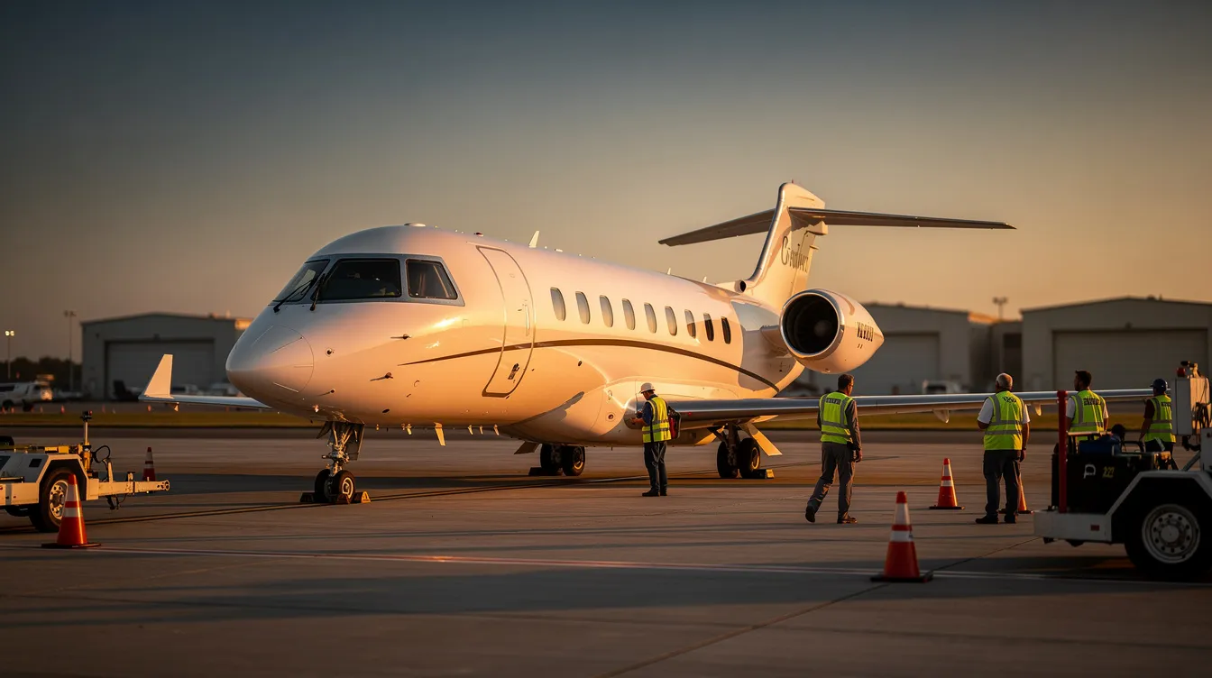 A sleek private jet is parked on a tarmac during golden hour, with a ground crew nearby preparing for its next flight. The scene captures the essence of aviation, highlighting the importance of aviation insurance and the meticulous operations involved in maintaining aircraft safety and liability coverage.