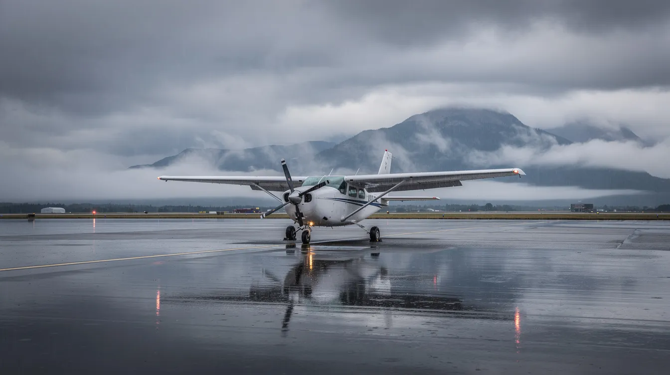 A small aircraft is parked on a wet runway, surrounded by overcast skies and distant mountains, reflecting the challenges of aviation operations. This scene highlights the importance of comprehensive aviation insurance policies for aircraft owners, ensuring protection against potential risks like physical damage and liability coverage.