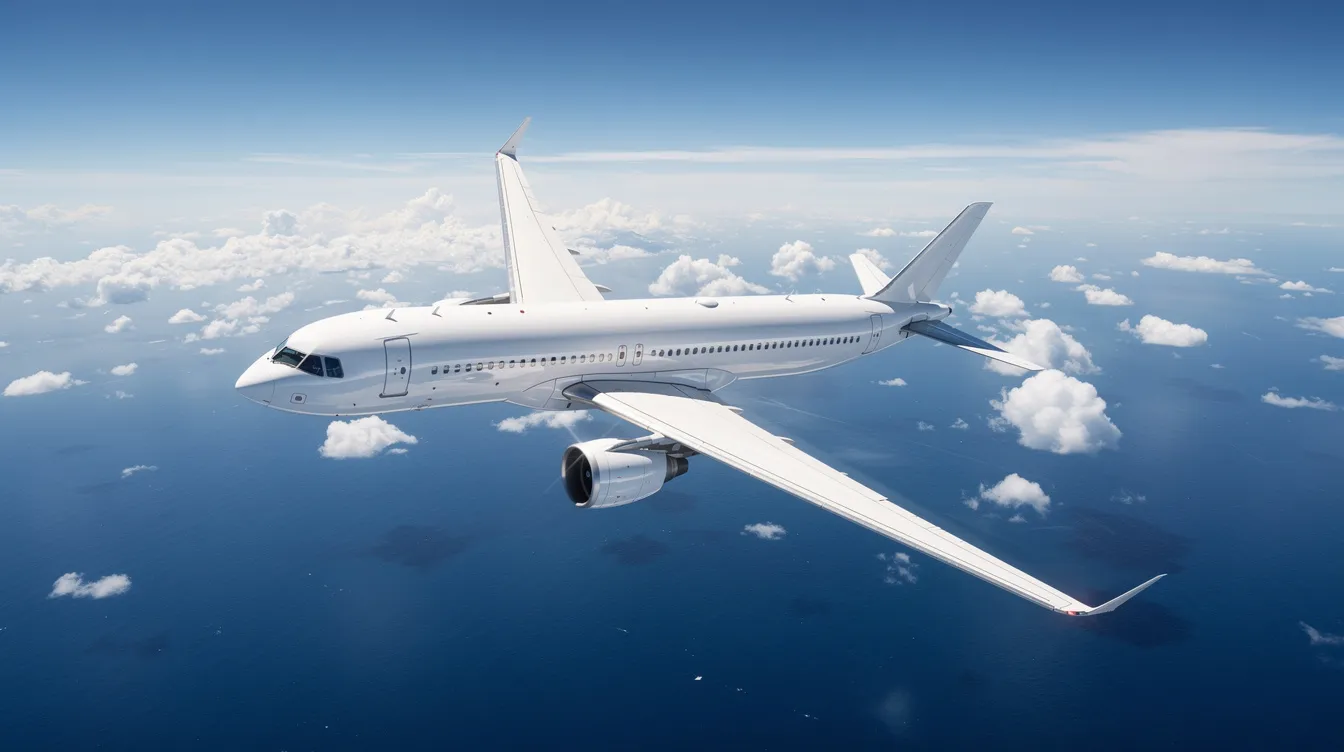 A modern commercial aircraft, representative of All Nippon Airways, soars gracefully over a vast blue ocean dotted with scattered white clouds below, showcasing the beauty of international flights connecting destinations across Asia and beyond. The scene captures the essence of air travel, with the aircraft symbolizing the journey from Tokyo Narita to various global hubs.