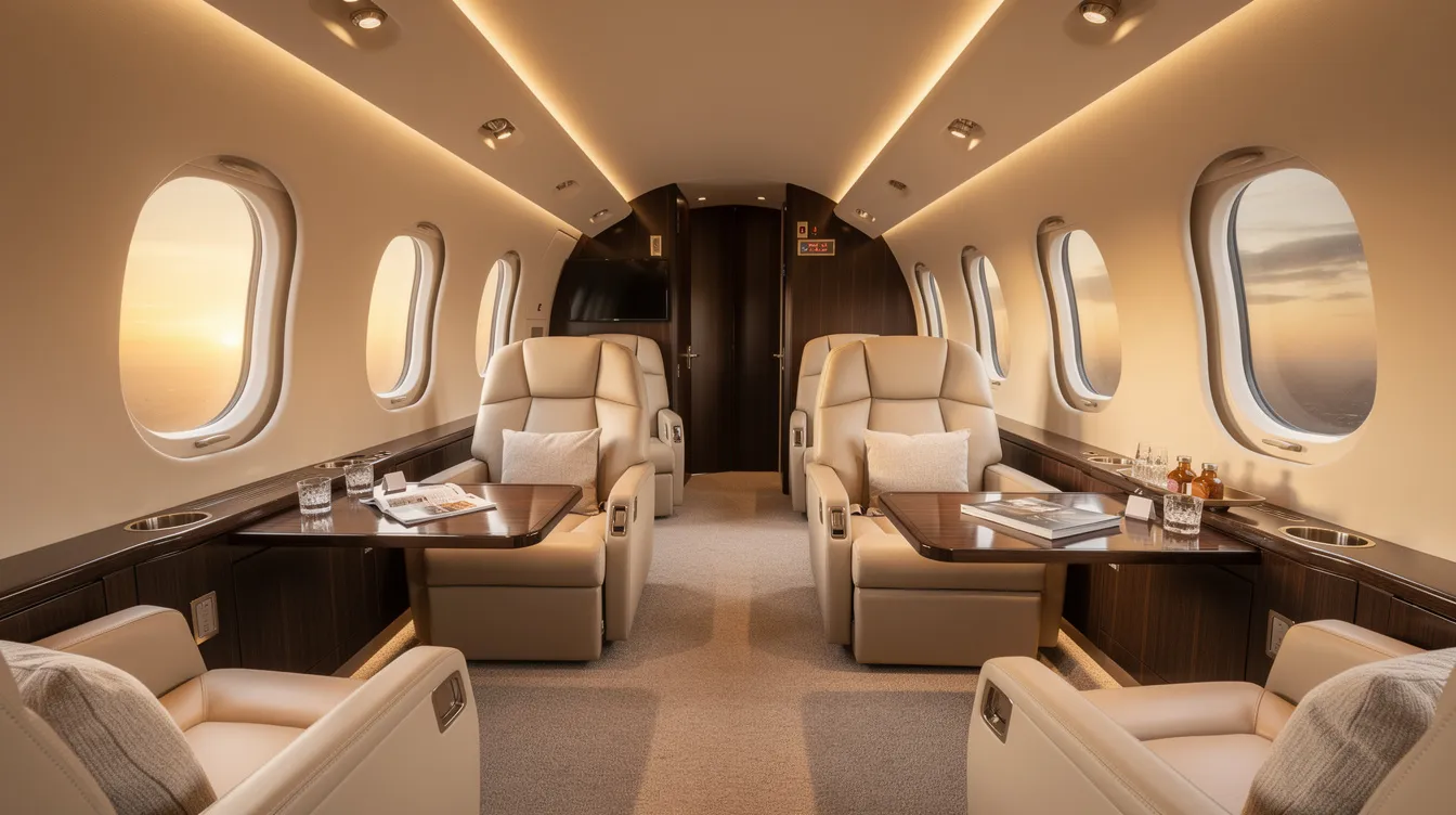 The image showcases the interior of a luxurious aircraft cabin, featuring wide reclining seats and elegant wood-tone finishes, all illuminated by soft ambient lighting, providing a serene atmosphere for passengers. This opulent setting is indicative of the premium services offered by All Nippon Airways, a renowned Japanese airline headquartered in Tokyo.