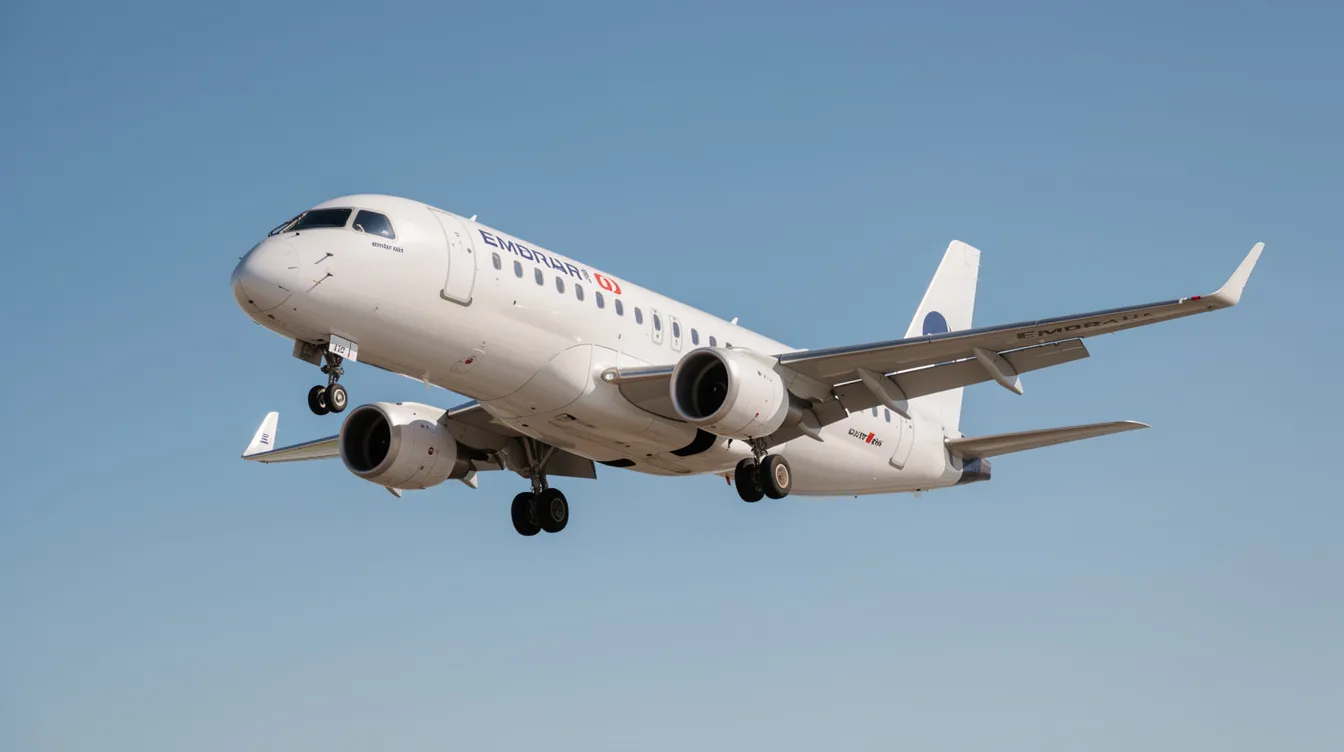 An Embraer 175 regional jet soars through a clear blue sky, showcasing its sleek design as a prominent example of commercial aviation. This aircraft, part of the E-Jet family, is renowned for its efficiency and is often utilized by regional airlines for short-haul routes.