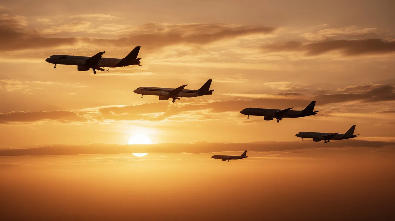 A modern aircraft, resembling an Embraer E175 regional jet, is silhouetted against a stunning golden sunset sky, highlighting its sleek design typical of commercial aviation. The scene captures the beauty of flight as the aircraft prepares for its journey, embodying the essence of regional carriers serving smaller cities.