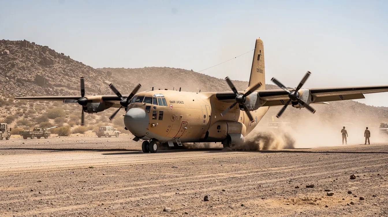 A C-130 Hercules turboprop cargo aircraft with its landing gears extended is taxiing on a dusty unpaved airstrip in a desert environment, showcasing its robust design and capabilities for military transport and humanitarian missions. This aircraft, known for its reliability and efficiency, has been a vital tool in various operations since it entered service decades ago.