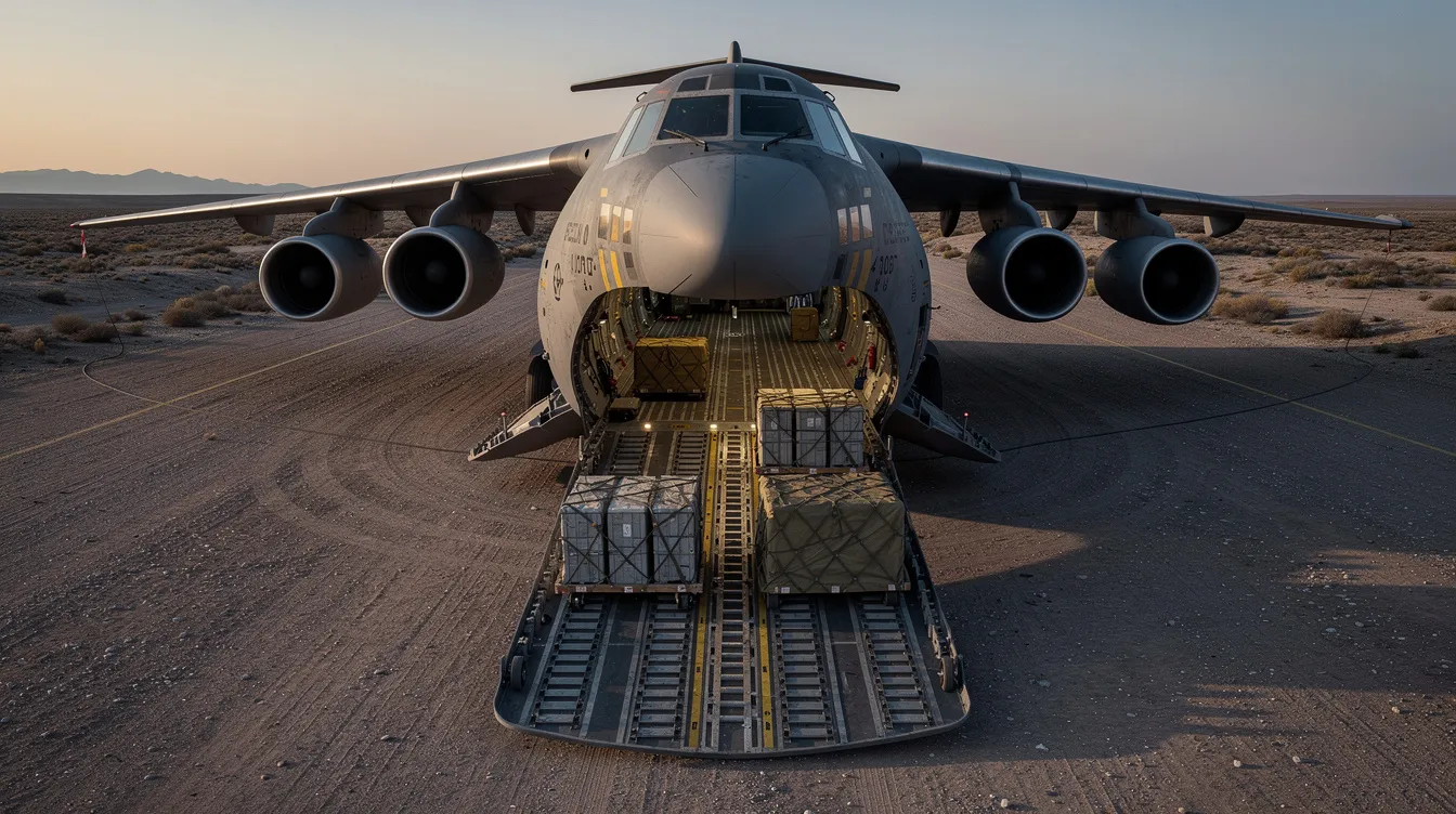 A large military cargo aircraft is parked on a remote airstrip, with its rear cargo door open, revealing several cargo pallets inside. This scene highlights the aircraft's capabilities for transport and humanitarian missions, showcasing its design and efficiency for operations around the world.