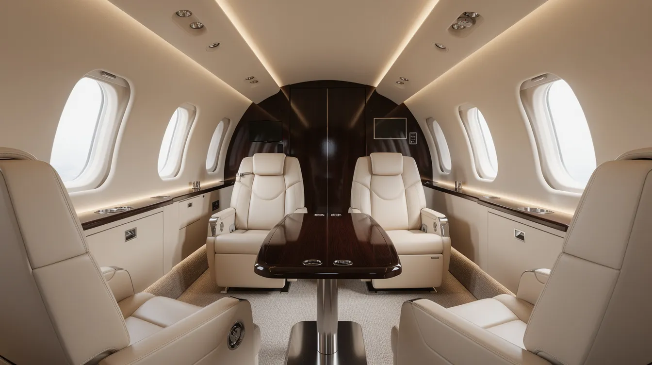 The image shows the interior of a modern private jet cabin featuring cream leather seats, soft ambient lighting, and a polished wood table, designed for comfort and luxury during flights. This elegant space is suitable for transporting passengers or cargo, reflecting the high standards of safety and performance in the aviation industry.