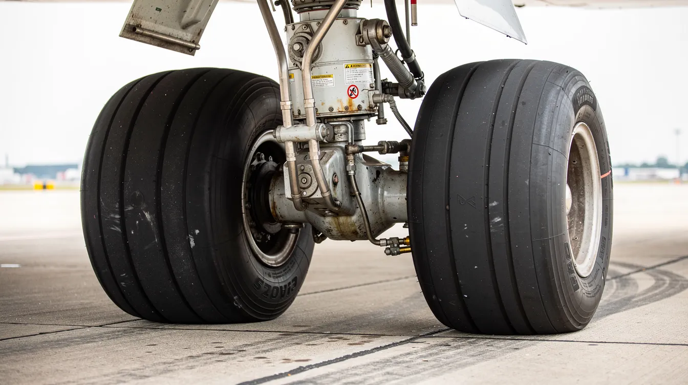 A close-up photograph showcases a large aircraft landing gear assembly, featuring robust hydraulic lines and heavy-duty tires resting on a concrete apron. This detailed view highlights the essential aircraft parts used in military transport planes, emphasizing their design and functionality for various operations.