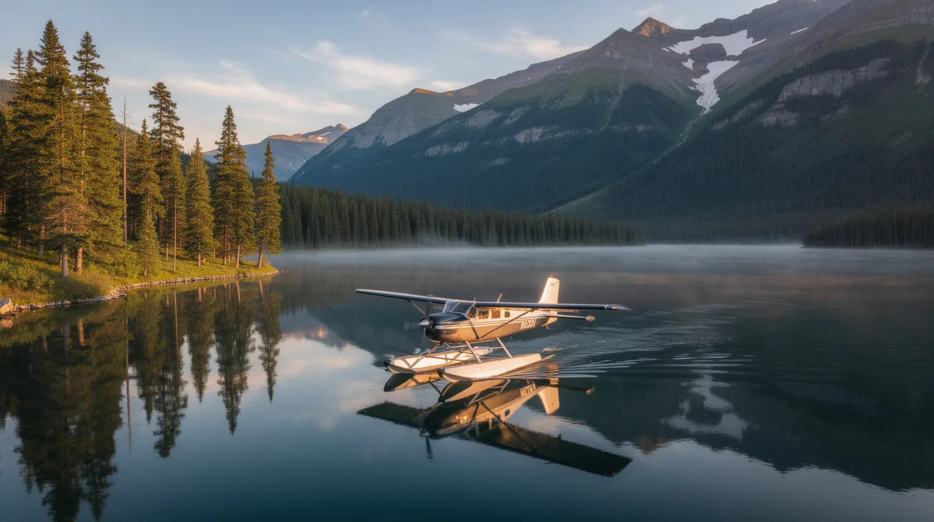 A floatplane is landing gracefully on a serene mountain lake, surrounded by a lush canopy of dense evergreen forest. The calm waters reflect the vibrant greenery, creating a picturesque scene of recreational flying in a tranquil setting.