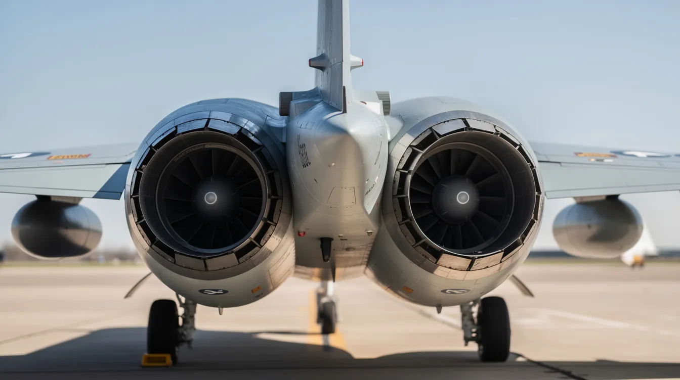 A close-up view of twin jet engines mounted on a military trainer aircraft, specifically the Dassault Dornier Alpha Jet, showcasing its sleek design and powerful thrust capabilities. This image highlights the aircraft's role in flight training for various air forces, including the French Air Force and German aircraft fleets.