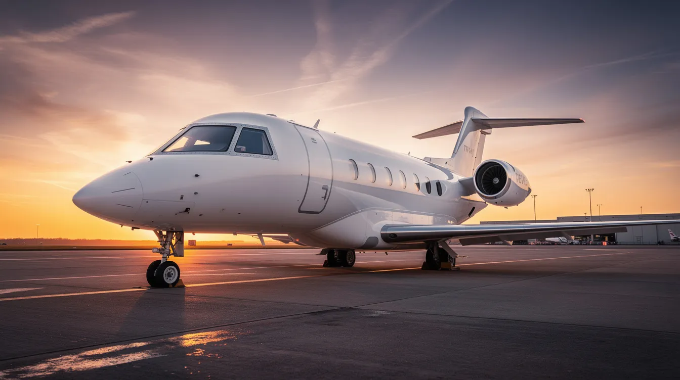 A sleek modern private jet, resembling an alpha jet, is parked on the tarmac, bathed in the warm hues of a sunset. The aircraft's pointed nose and twin engines reflect its design for both luxury and performance, showcasing a perfect blend of elegance and advanced avionics systems.