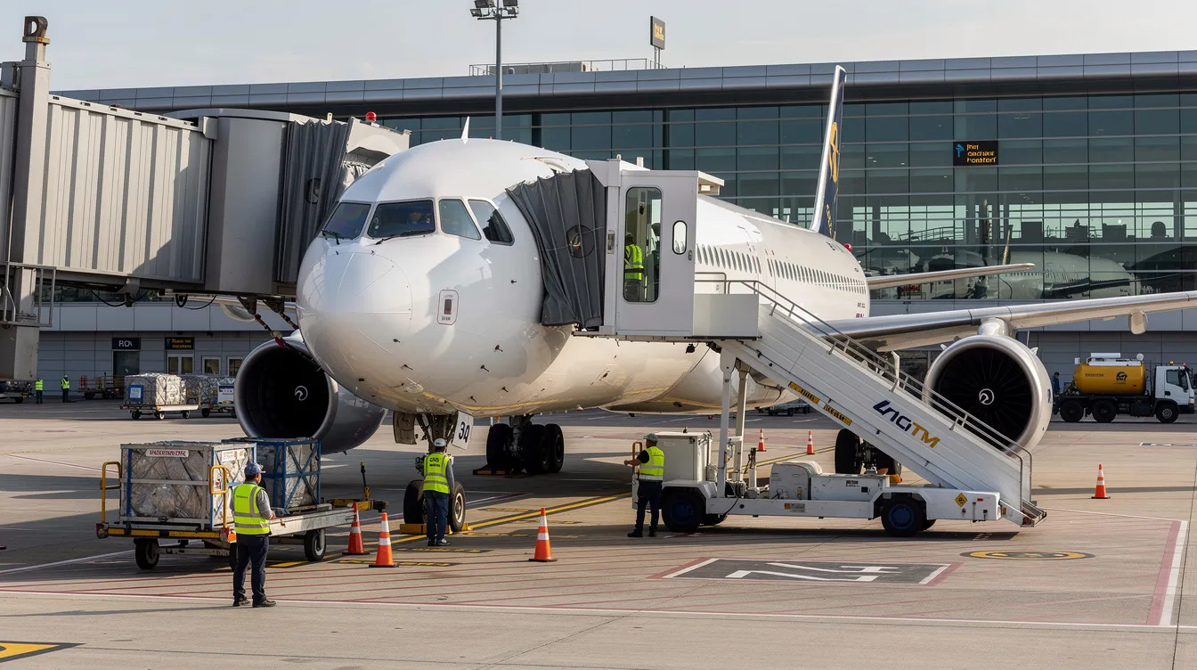 A large commercial airplane is parked at an airport gate, with a jet bridge connected for passenger boarding. Ground crew members are present, preparing for the next flight, ensuring passenger safety and efficient flight operations.