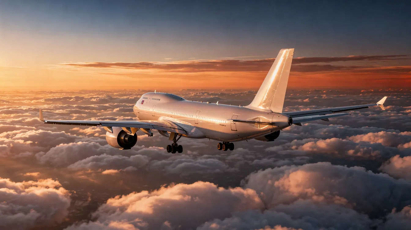 A wide-body commercial aircraft soars above fluffy clouds during a vibrant sunset, showcasing its sleek design against the colorful sky. The image captures the essence of long haul flights, where flight attendants and cabin crew members ensure passenger safety and comfort throughout the journey.