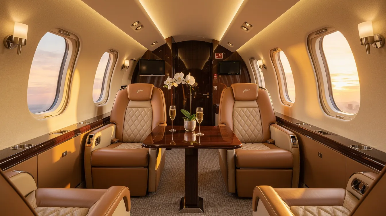 The image depicts a luxurious private jet interior featuring plush leather seats arranged in a cozy layout, complemented by warm ambient lighting that creates an inviting atmosphere. There are several cabin crew members present, ensuring passenger comfort and safety during the flight.