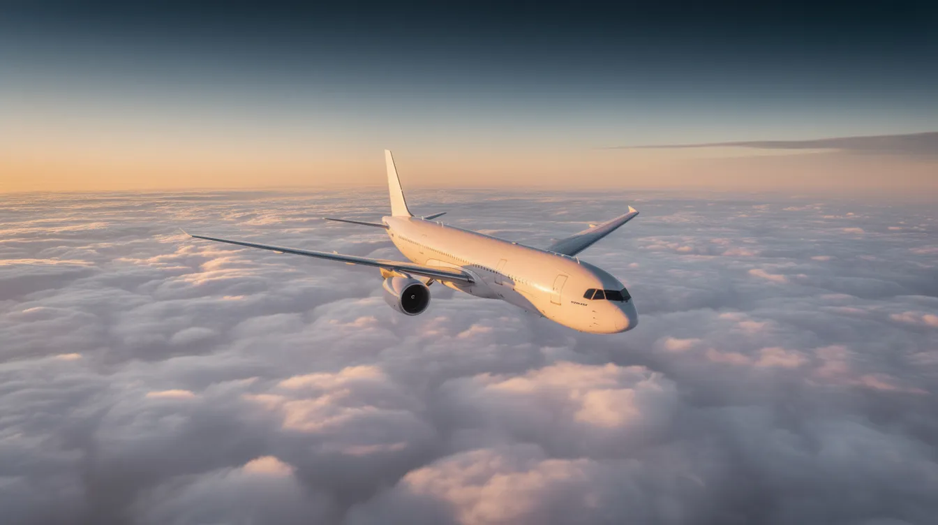 A modern commercial airliner is soaring above a thick layer of white clouds, bathed in the warm glow of golden hour light. This wide-body aircraft, representing the pinnacle of commercial aviation, is cruising at high altitude, showcasing its sleek design and powerful performance.