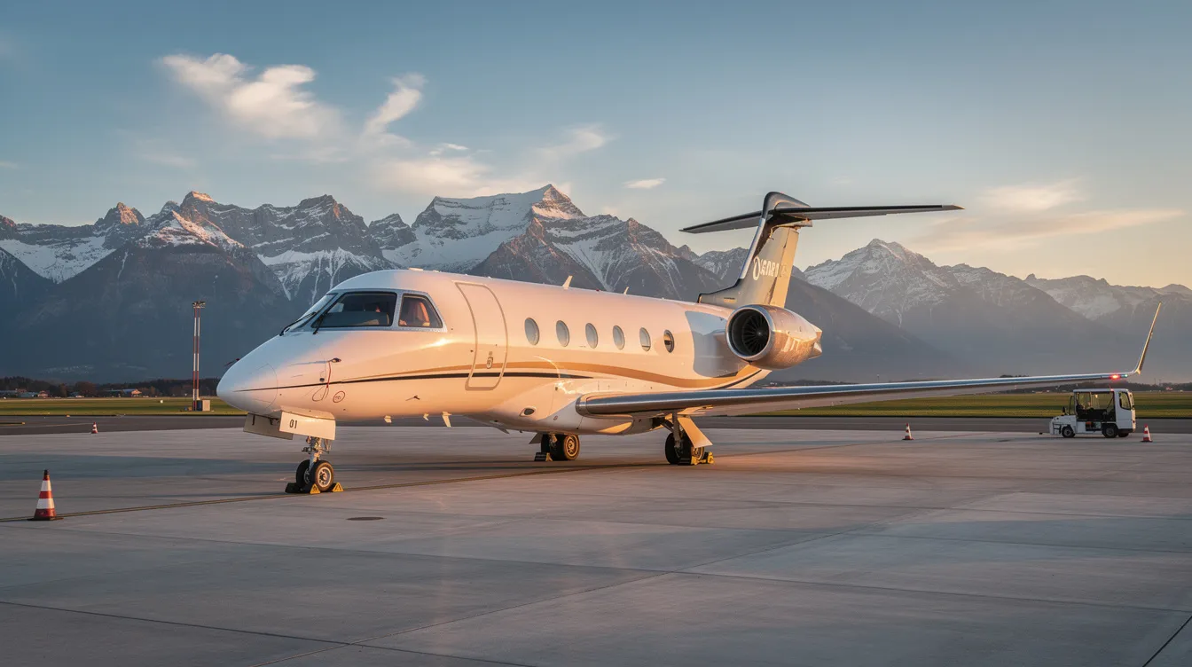 A sleek modern business jet is parked on a private airport ramp, with majestic mountains in the background. This civilian aircraft exemplifies luxury and efficiency in business travel, highlighting the advancements in commercial aviation.