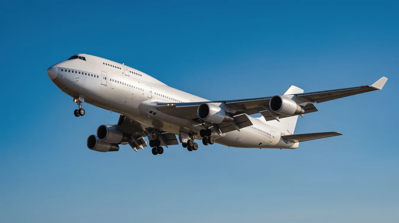 A Boeing 747, one of the fastest commercial aircraft, is soaring through a clear blue sky, showcasing its distinctive hump and streamlined design. This iconic commercial airliner represents the pinnacle of modern commercial aviation, emphasizing passenger flight and long haul routes.