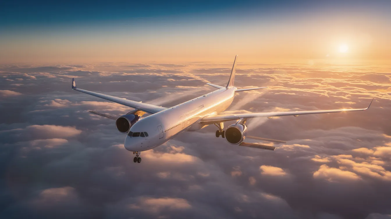 A commercial passenger airplane soars gracefully above thick white clouds during golden hour, casting a warm golden hue on its sleek body. This scene captures the essence of air travel, showcasing the beauty of aviation as it connects travelers to various domestic flights and international destinations.